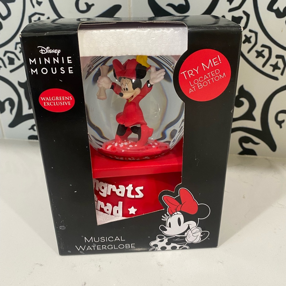 NIB Disney Minnie Mouse Red Musical Water Globe Celebrate Graduation Congrats